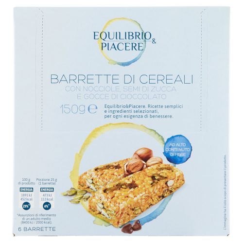 Equilibrio & Piacere Barrette di Cereali con Nocciole Semi di Zucca e Gocce di Cioccolato 6 x 25 g